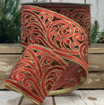 Luxury Medium Ribbon Metallic Garland Red Swirls Gold Edge
