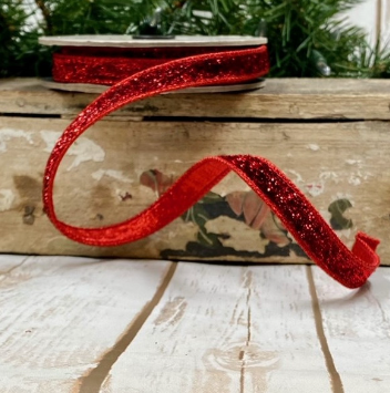 Luxury Very Small Wired Red Velvet Glitter Ribbon