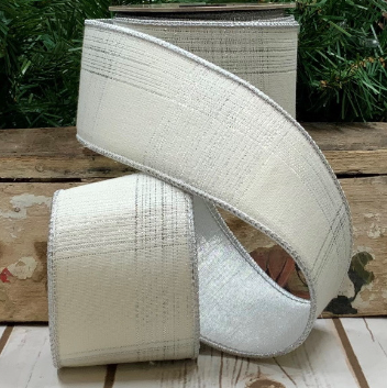 Luxury Large Wired Ribbon White Metallic Silver Lines