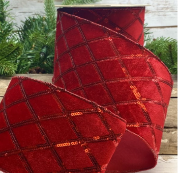 Luxury Large Wired Ribbon Harlequin Sequin Red