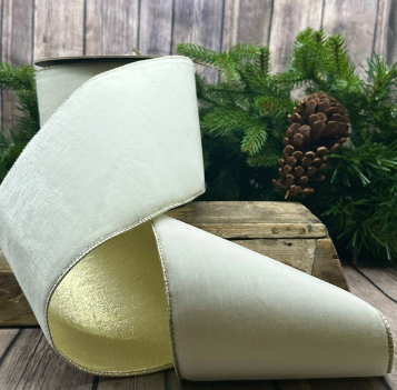 Luxury Large Wired  Ribbon White Velvet Taffeta Gold Back