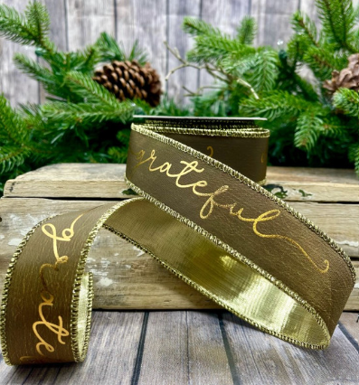 Luxury Small Ribbon Antique Gold Khaki Grateful Cursive Font