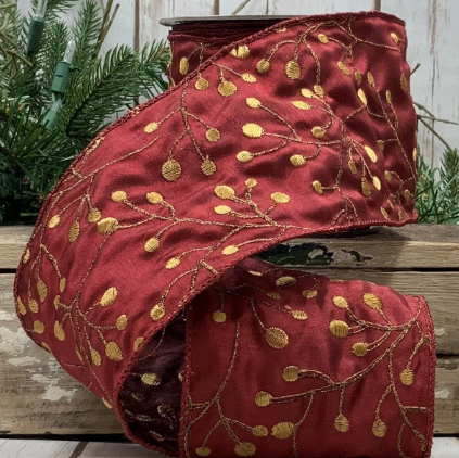 Luxury Large Wired Ribbon Burgundy Berry in Gold