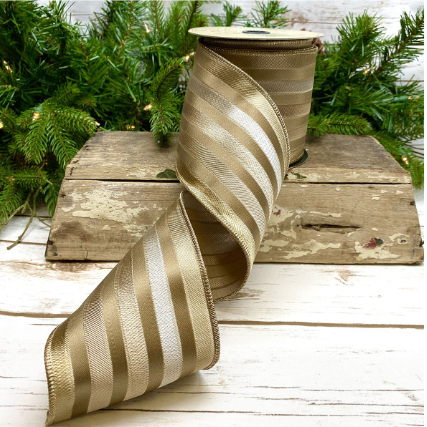 Luxury Large Wired  Ribbon Gold Brown Stripe Metallic