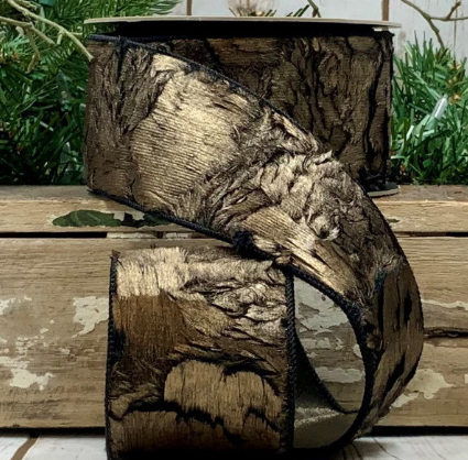 Luxury Medium Wired Ribbon Black Gold Faux Fur Bark- 4"