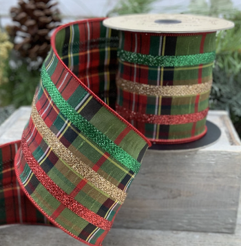 Luxury Large Ribbon Glitter Check Stripe Red Gold Green Metallic