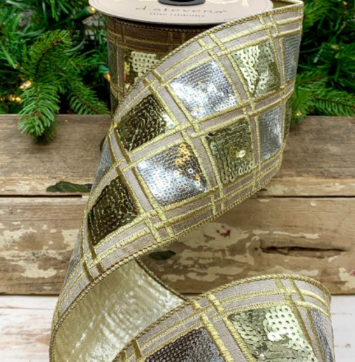 Luxury Large Wired Ribbon Harlequin Gold Silver Sequin