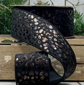Luxury Wired Ribbon Animal Print Leopard Black and Copper Faux Fur