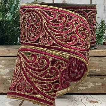 Luxury Large Wired Ribbon Swirls Burgundy Purple Gold Victorian Style