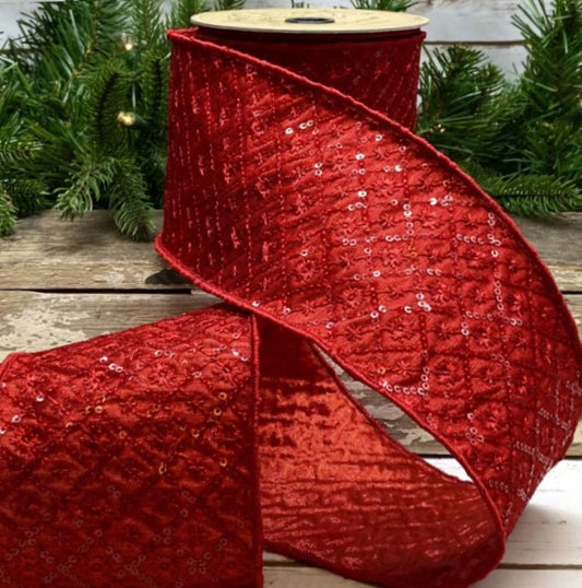Luxury Wired Ribbon Sequin Embroidery Radiance Ribbon in Red