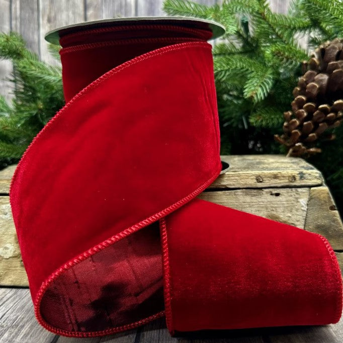 Luxury Red  Wired Velvet Ribbon – Burgundy Backing- 4"