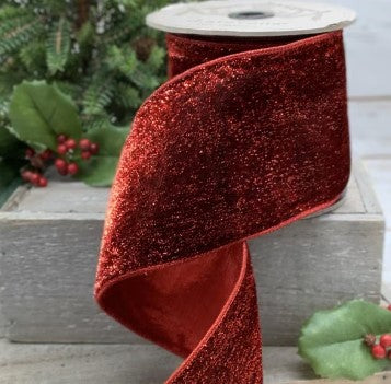 Luxury Glittering  wired Metallic Velvet Ribbon - Red