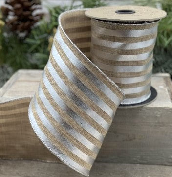 Luxury Ribbon silver metallic stripe faux linen