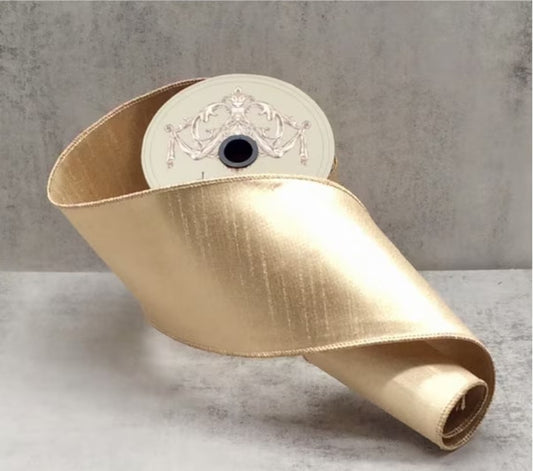 Luxury Wired Ribbon 4"  Metallic Dupion, Gold Champagne