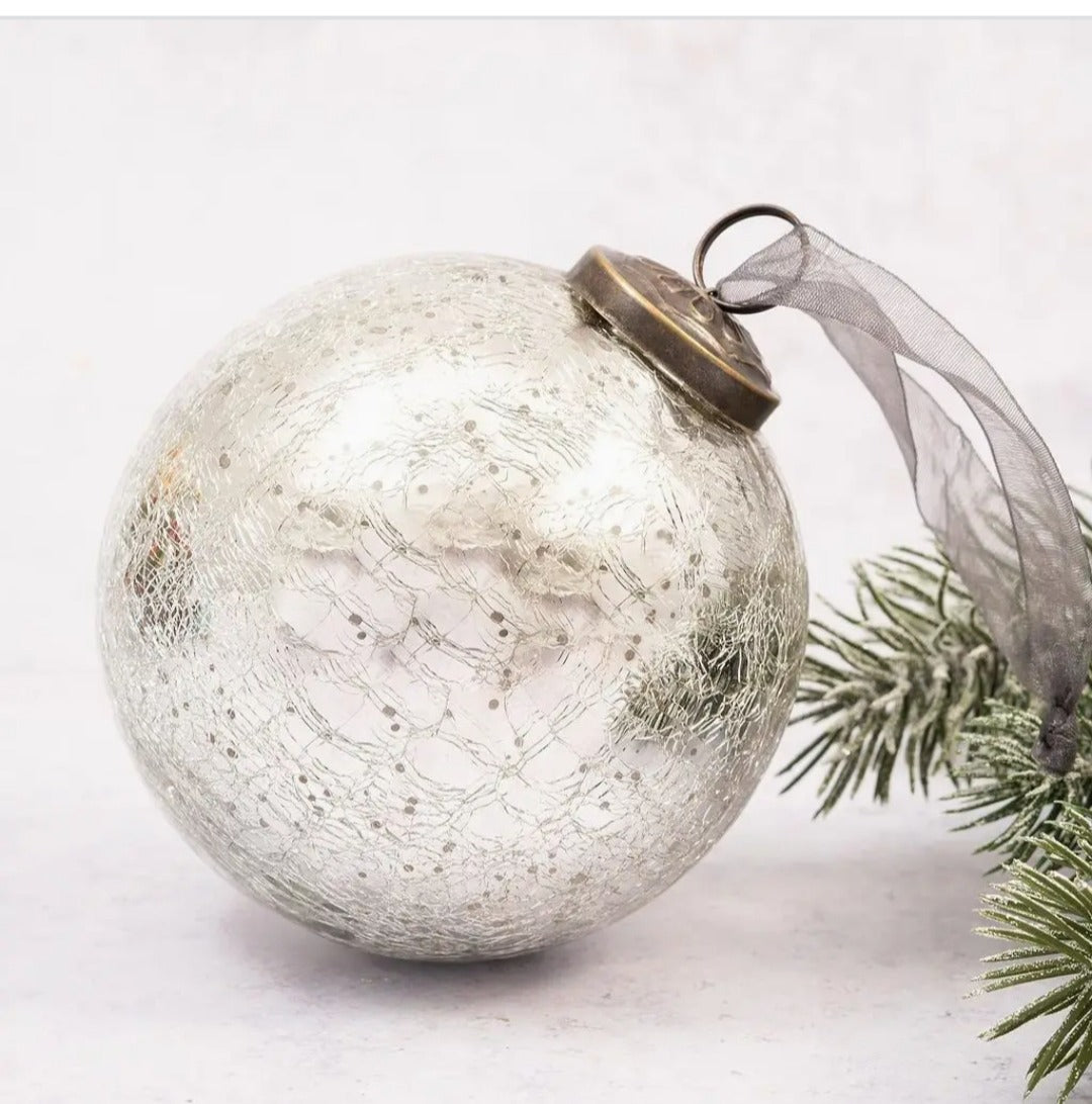 Luxury Silver Crackle Glass Ornament – 4 "