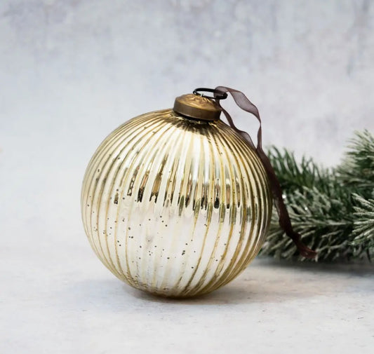 Luxury Gold Striped Glass Christmas Ball – 4"
