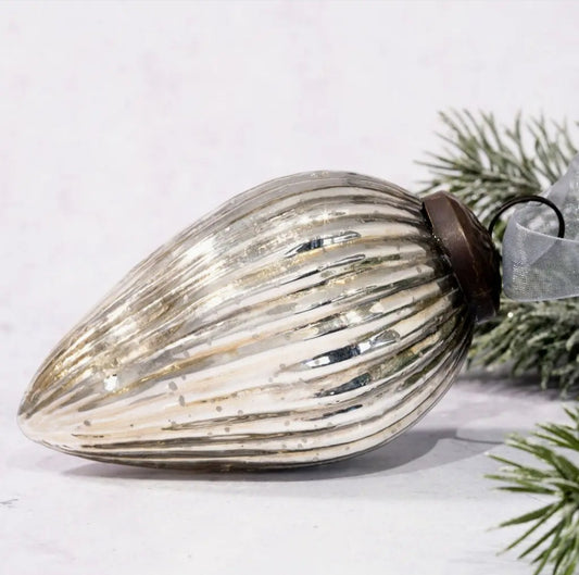 Luxury Silver Striped Teardrop Glass Ornament – 4"