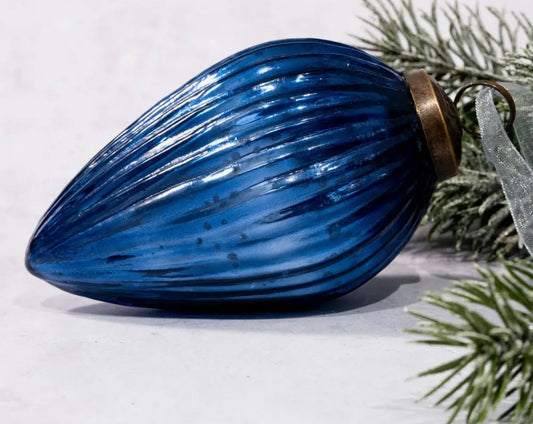 Luxury Blue Stripe Glass Teardrop Christmas Ball – 4"