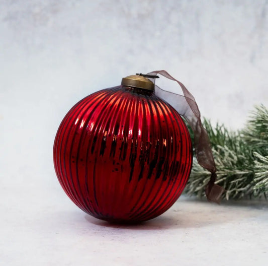 Luxury Dark Red / Burgundy Striped Glass Christmas Ball – 4"