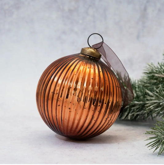 Luxury Dark Copper Striped Glass Christmas Ball – 4"