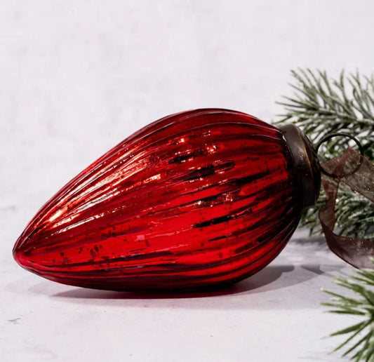 Luxury Red Striped Glass Teardrop Christmas Ball – 4"