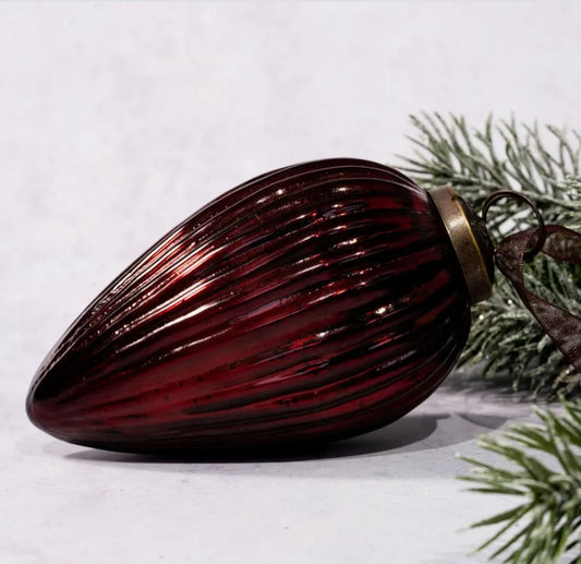 Luxury Dark Red / Burgundy Striped Glass Teardrop Christmas Ball – 4"