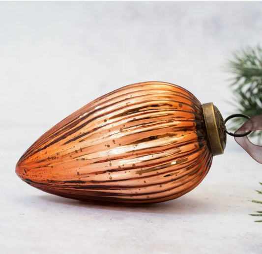 Luxury Pecan/ Copper Striped Glass Teardrop Christmas Ball – 4"