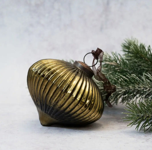 Luxury Diamond-Shaped Olive Striped Glass Christmas Ball – 4"
