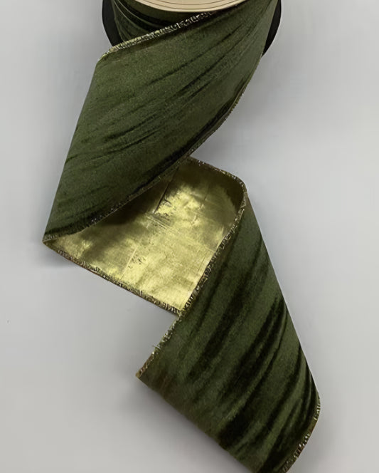 Olive Green Marble Velvet Ribbon – Gold Satin Backing 4"