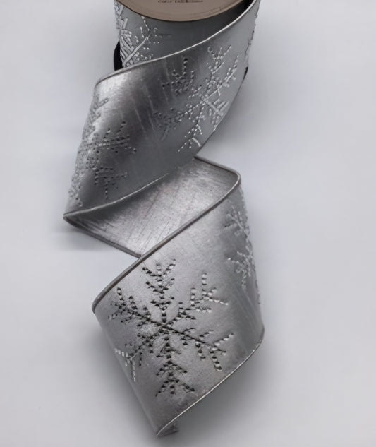 Metallic Dupion Ribbon –  Rhinestone Snowflakes, Gold or Silver  Backing 4"