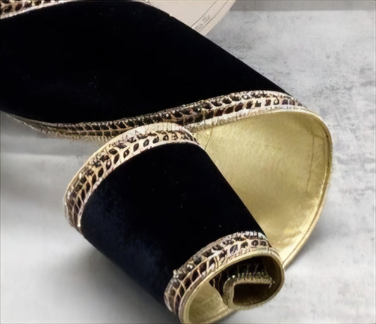 Black Velvet Christmas Ribbon with Gold Jewel Side Trim and Gold Backing – 4"