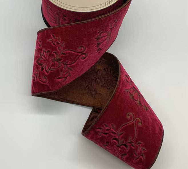 Burgundy Embroidered Velvet Christmas Ribbon – 4"