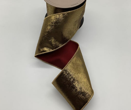 Metallic Antique Gold Christmas Ribbon with Burgundy Backing