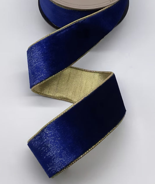 Navy Blue Velvet Christmas Ribbon with Metallic Gold Backing