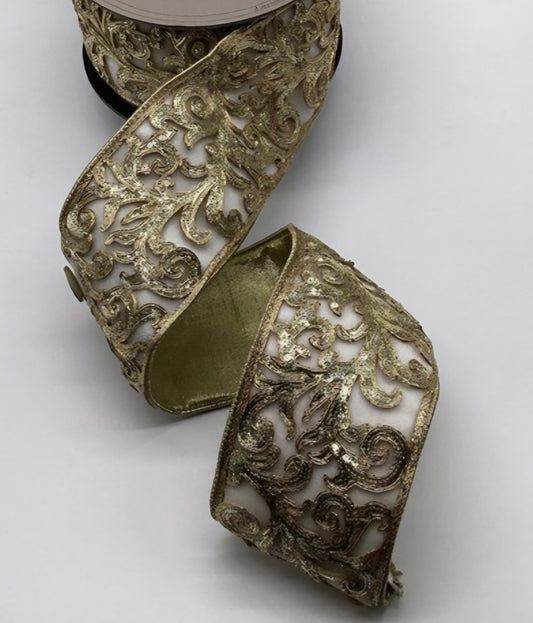 Luxury Gold Sequin Royal Christmas Ribbon White Velvet and Gold Backing – 3.5"
