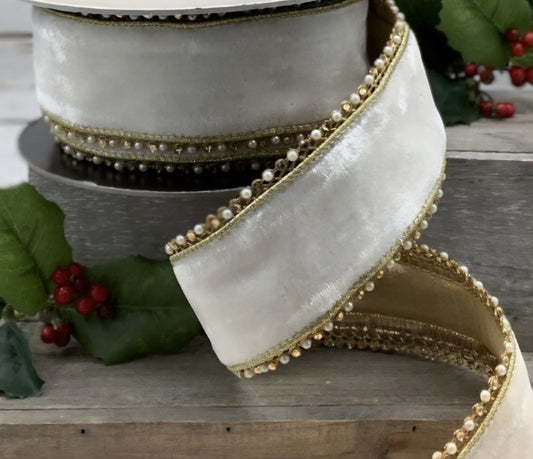 White Velvet Christmas Ribbon with  Gold Jewel Edge – 2.5"