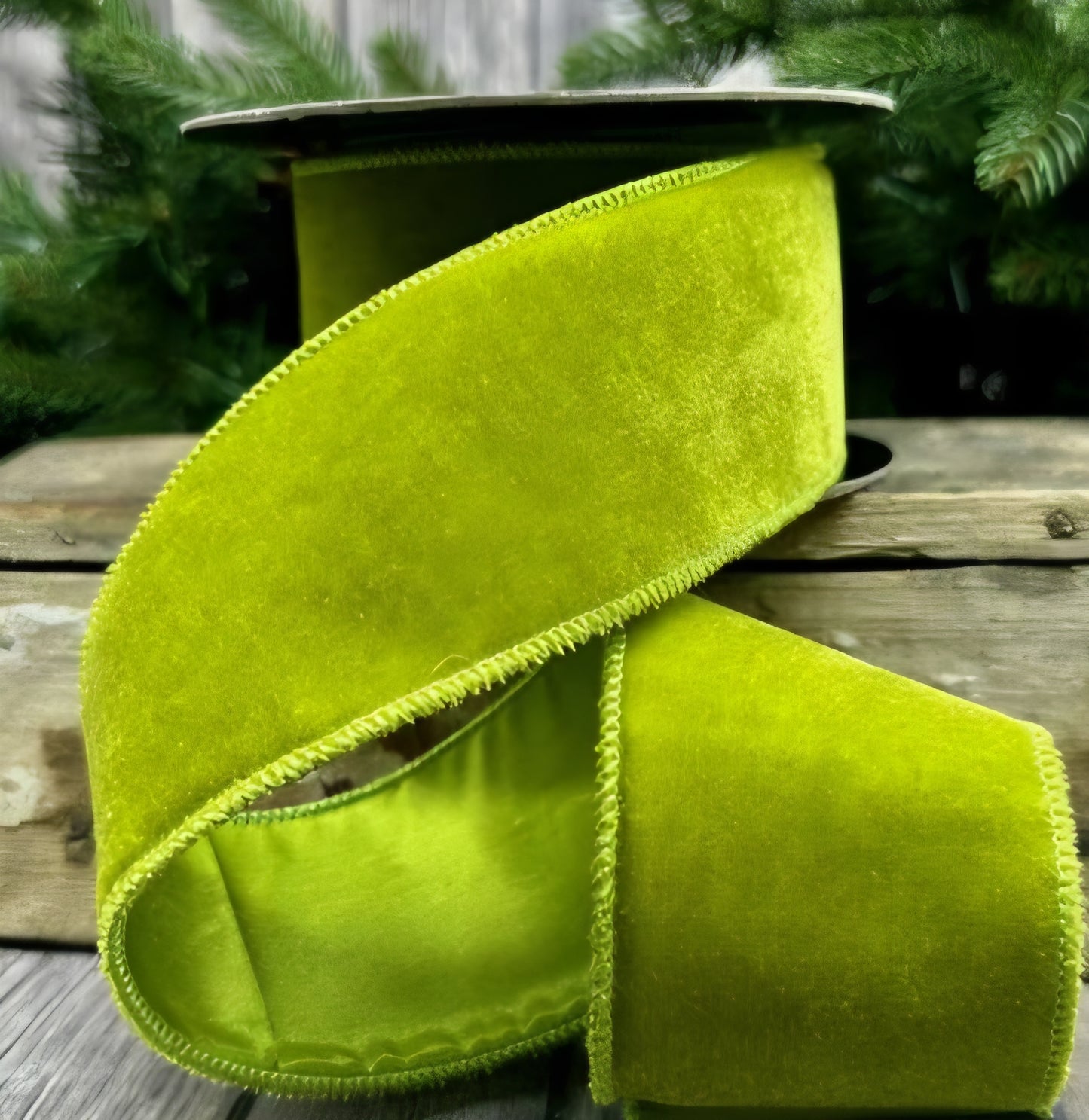 Bright Lime Green Velvet Christmas Ribbon Green Taffeta Backing – 4"