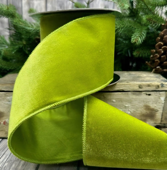 Bright Lime Green Velvet Christmas Ribbon Green Taffeta Backing – 4"