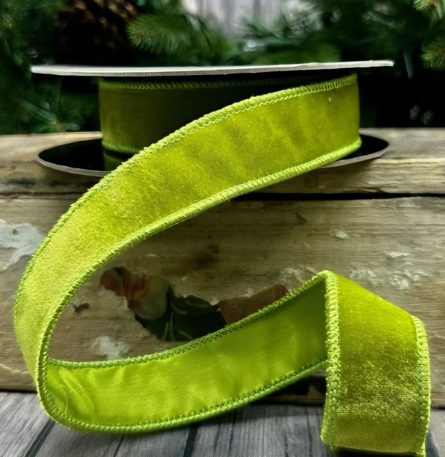 Bright Lime Green Velvet Christmas Ribbon Green Taffeta Backing – 4"