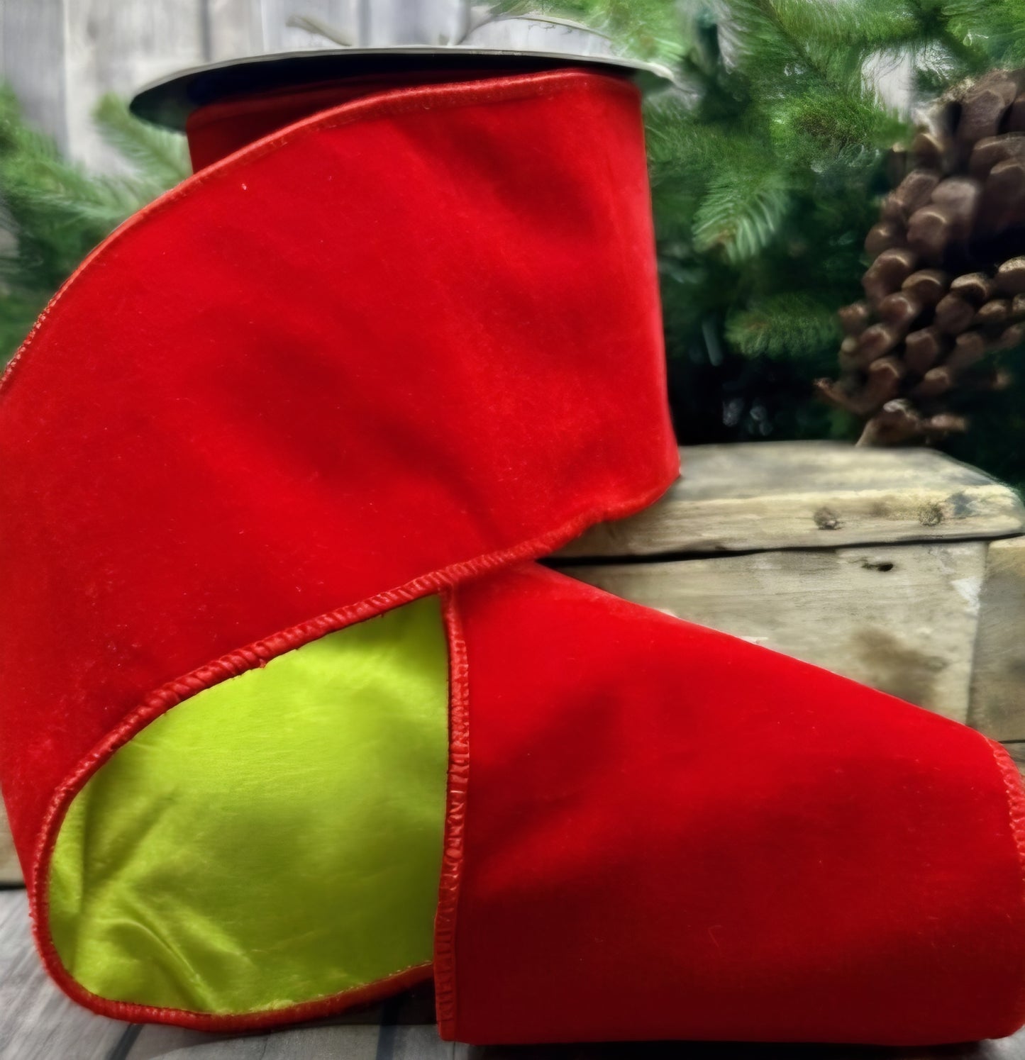 Bright Red Velvet Christmas Ribbon with Bright Green Lime Taffeta Backing