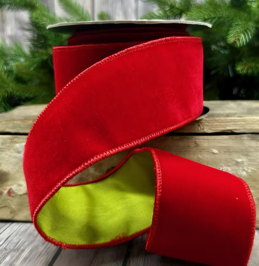Red Velvet Christmas Ribbon with Metallic Red Backing- 2.5