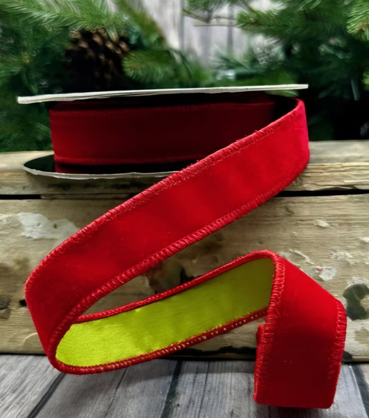 Bright Red Velvet Christmas Ribbon with Bright Green Lime Taffeta Backing