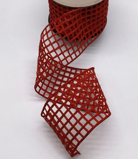 Metallic Red Windowpane Christmas Ribbon with Laser Cut Design – 4"