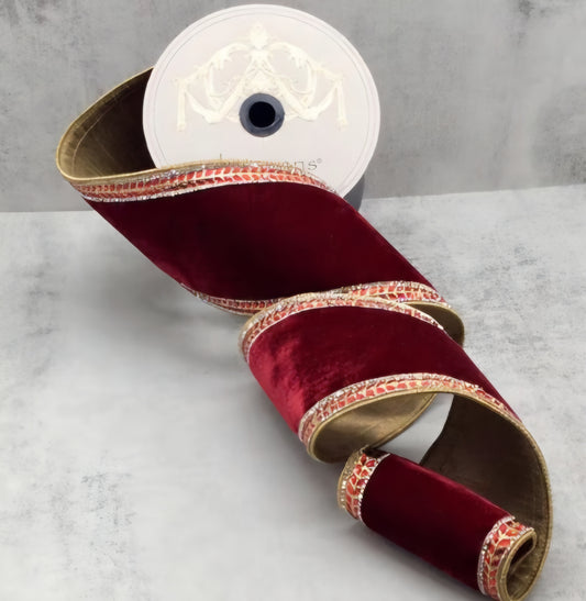 Dark Red Burgundy Jewel Edge Christmas Ribbon with Gold Backing – 4"