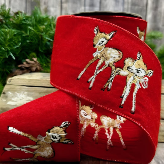 Red Felt Christmas Ribbon with Embroidered Reindeer – 4"