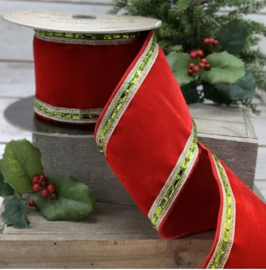 Red Velvet Christmas Ribbon with Green Beads- 4"